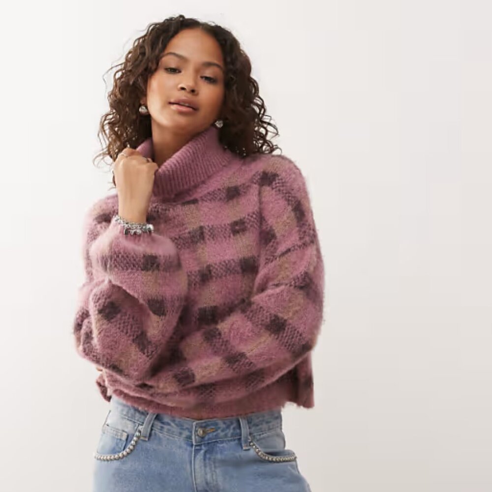 ASOS Reclaimed Vintage Plaid Check Balloon Sleeve Cropped Turtleneck Sweater XS